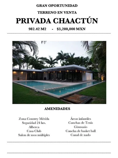 TERRENO EN VENTA AMPLIO, PRIVADA CHAACTUN CERCA COUNTRY CLUB (FVT-1216)